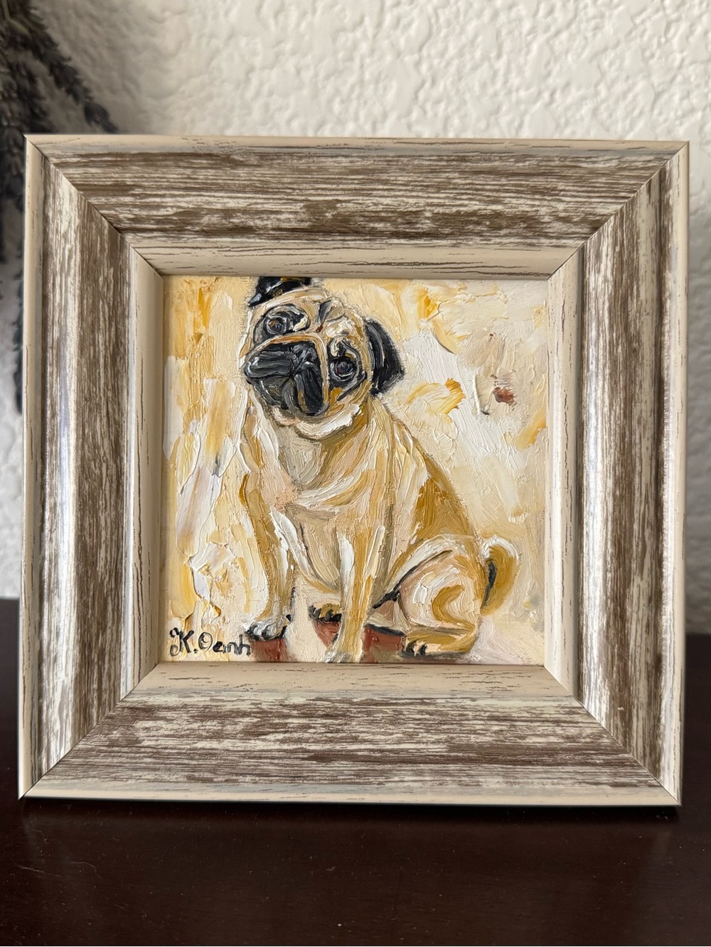 Original oil painting pug dog portrait signed framed 4x4 inches